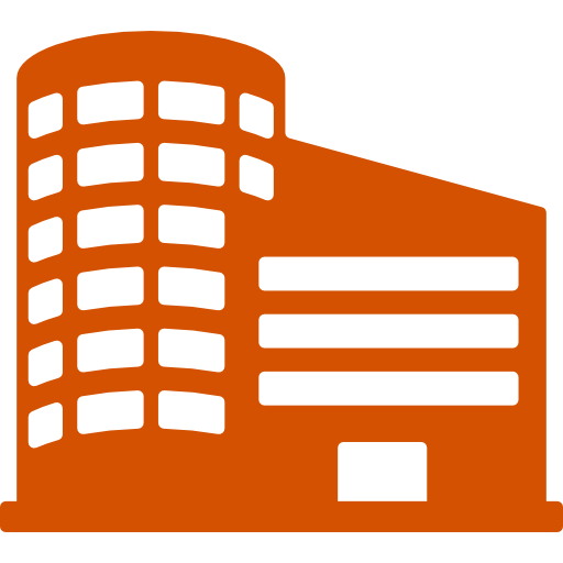 Orange building icon on black background.
