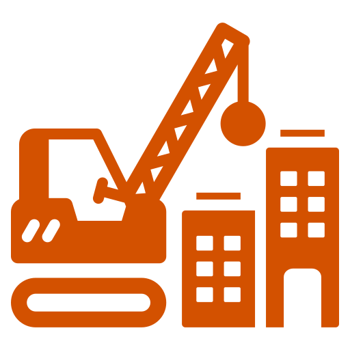 Wrecking ball crane near buildings icon.