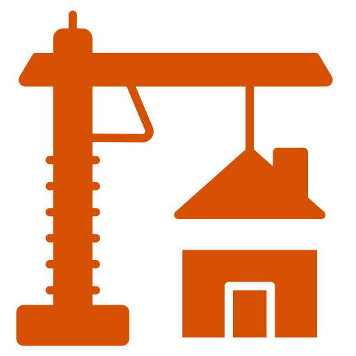Orange crane and house icon on black.