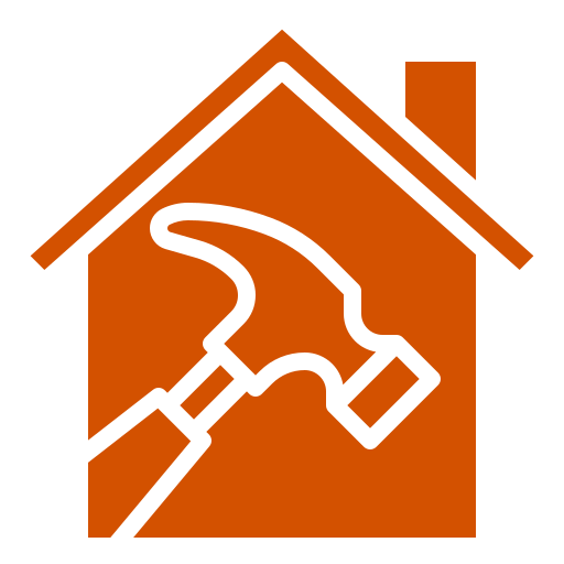 House icon with hammer, orange background.