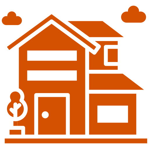 Orange house icon with clouds and tree.